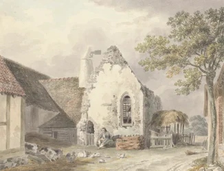 A Youth in a Farmyard with Pigs and Poultry