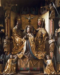 Coronation of the Virgin Altar, circa 1470-1480, carved wood, old Gries Parish Church, San Quirino, Bolzano, Trentino-Alto Adige, Italy