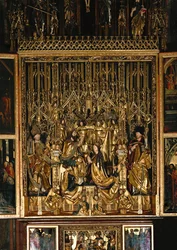 Saint Wolfgang Altar, shrine: Coronation of Saint Mary kneeling before Christ the King, the Holy Ghost hovering above