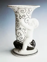 Vase with black decoration, cone-shaped body held by a cherub, Vereinigte Wiener Und Gmundner Keramik, Austria, 20th century