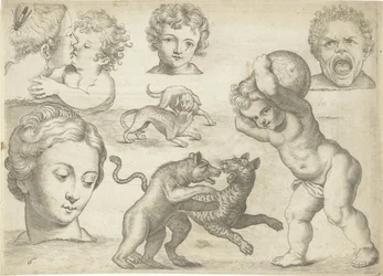 Study Sheet with Drawing Examples: Heads and Fighting Animals (series title: Drawing Examples)