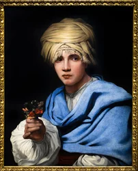 Boy with Turban Holding a Bouquet of Flowers