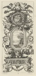 Ornamental Panel Surmounted with Two Figures Leaning on the Bust of a Woman