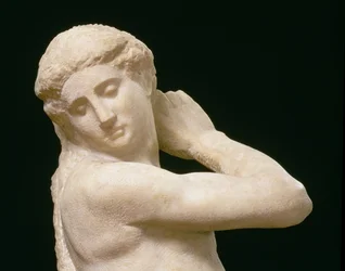Apollo, or David, detail of the head, sculpture by Michelangelo Buonarroti: (detail)
