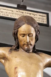 Holy Spirit Crucifix, circa 1493, by Michelangelo (1475-1564), detail, sculpture in polychrome wood, Sacristy of the Basilica of Santo Spirito in Florence - Crucifix. Renaissance sculpture by Michelangelo Buonarroti, called Michelangelo (Michelangelo or