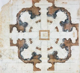 Plan of Basilica of San Giovanni dei Fiorentini in Rome, circa 1559, Drawing by Michelangelo Buonarroti, Italy