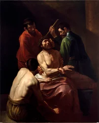 The Crowning with Thorns, painting by Michelangelo Merisi, called Caravaggio or il Caravaggio (1571-1610) (recently attributed). Dimensions: 203 x 166 cm. Genoa, Chiesa di San Bartolomeo della Certosa