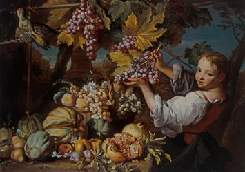 A Young Girl Presenting a Bunch of Grapes with a Still Life of Fruit