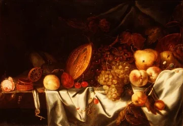 A Melon, Grapes and Other Fruit with a Rose, a Nautilus Cup and a Verge Watch on a Draped Ledge