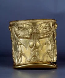Ancient Oriental Art: Electrum Cup Representing a Monster with Interlaced Greenhouses, circa 1200 BC