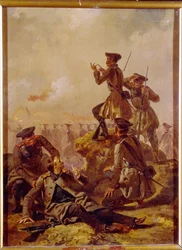 A scene from the Crimean War (1853-1856). Behind the line of front troops, officers, including one wounded man, observe the battlefield. Painting by Mihaly Zichy (1827-1906), c. 1850. Hungarian art