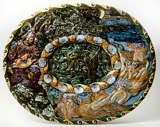 Majolica dish depicting Sadko the Fisherman