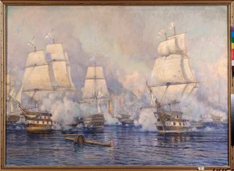 The Naval Battle of Navarino, October 20, 1827 between the Ottoman fleet and a Franco-Anglo-Russian fleet (Episode of the Russo-Turkish War of 1828-1829 and the Greek War of Independence or Greek Revolution of 1821-1830)