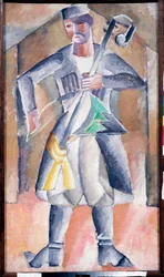 Portrait of a musician in traditional attire with his instrument