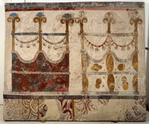 Minoan civilization: representation of two portals (Ikria). Fresco from the lustral basin of the Xeste 3 building of Akrotiri (Thera), Santorini