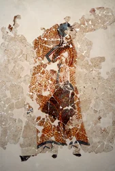 Minoan civilization: women in worship (detail). Fresco from the lustral basin of Xeste 3 in Akrotiri (Thera), Santorini. 16th century BC. Santorini, Collection of frescoes by Akrotiri a Thera