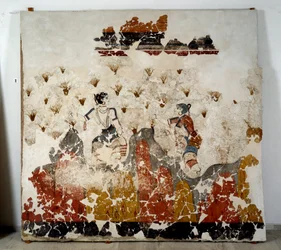 Minoan civilization: women picking saffron. Fresco from the lustral basin of Xeste 3 in Akrotiri (Thera), Santorini. 16th century BC. Santorini, Collection of the frescoes of Akrotiri a Thera