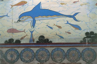 Close-up of a mural in a palace, Palace of Minos, Knossos, Crete, Greece