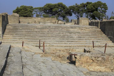 Minoan archaeological site of Phaistos. Staircase starting in the west court and leading to The Propylaea, the principal and the most impressive entrance to the new palace and steps which formed the seats of the theatrical area, used for religious events a