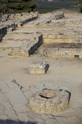 Minoan archaeological site of Phaistos. View over the North East Complex. Complex of four rooms directly adjoining the old palace. These rooms were used to store valuable ritual vessels. The famous 