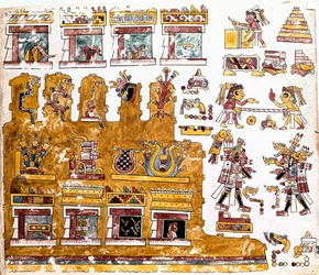Mixtec civilization: Mixtec Codex with illustrations of activities taking place before a temple. Detail of a copy of the Codex Vindobonensis or Viennese codex sent by Hernan Cortes