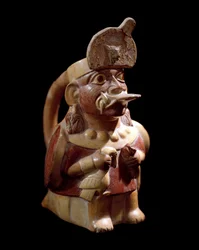 Pre-Columbian art, Moche culture: anthropomorphic vase representing a priest sacrificing two animals