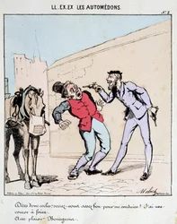 Cartoon of Transport in the City. A Bourgeois Politely Asks a Coachman to Drive Him While Threatening Him with Guns. Drawing by Moloch, around 1860