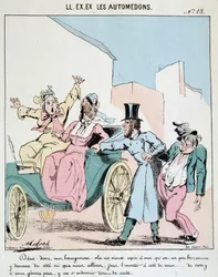 Cartoon of transport in the city. A coachman takes a drunk friend into the carriage next to two horrified bourgeois women. Drawing by Moloch (1849-1909), around 1860.