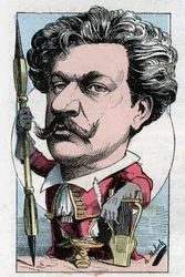 Portrait of Louis Alexandre Gosset de Guines dit Andre Gill, French poet painter in Le Trombinoscope by Touchatout, cartoon by B. Moloch of 1882. Private collection