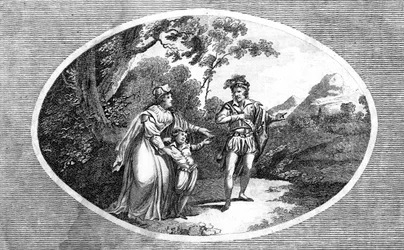 Queen Margaret presenting her son to a robber for protection