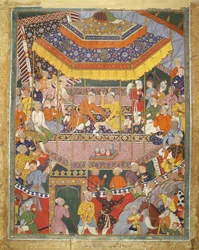 Alamshah converses with Qubad, illustration from the Hamza Nama