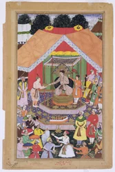 Emperor Akbar entertained by his foster brother Azim Khan at Dipalpur, Punjab, 1571, from the Akbarnama made by Abul Fazi