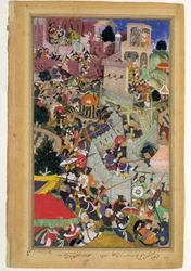 Emperor Akbar shoots Saimal at the Siege of Chitov in 1567, from the Akbarnama made by Abul Fazi