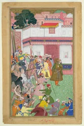 Fatepur Sikiri, 1573: Hasain Quli Khan-l Jahan presenting his prisoners to Emperor Akbar, from the Akbarnama made by Abul Fazi