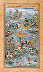 Sultan Bahadur and Rumi Khan jumping into the sea when surrounded by Portuguese boats, from the Akbarnama