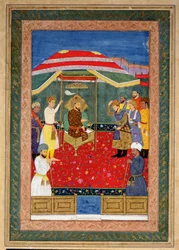 The Mughal Emperor Babur (1526-30) sitting on a throne receiving a prince, Johnson Album I, no.3 numbered 65
