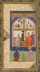Zulaykha in Her Palace and as an Old Woman with Joseph, from a Panj Ganj (Five Treasures) of Abd al-Rahman Jami; Verso: From a Panj Ganj of Abd al-Rahman Jami, with Two Masnavis: Yusuf va Zulaykha (Joseph and Zulaykha)