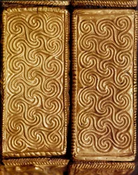 Mycenaean art: detail of a wooden casket covered with gold leaf and decorated with spirals, from Tomb V, Mycenae, 16th century BC, Athens, National Archaeological Museum