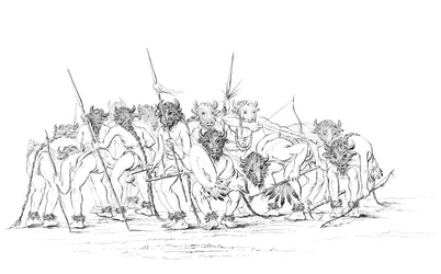 Native American hunters dancing wearing buffalo masks