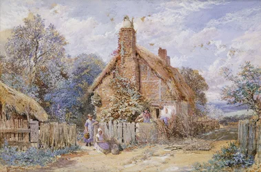 Children by a Thatched Cottage at Chiddingfold
