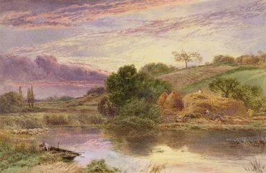 Haymakers Beside a River at Evening