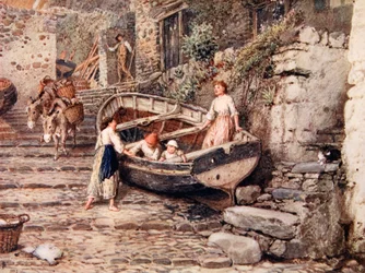 View of Clovelly, with Stranded Boat and Figures, 1882