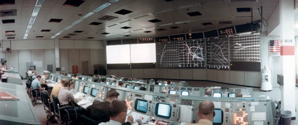 The Mission Operations Control Room in Mission Control Centre, Houston, Texas, USA