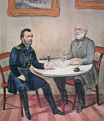 General Robert E. Lee surrenders to General Ulysses S. Grant at Appomattox Courthouse, 9th April 1865