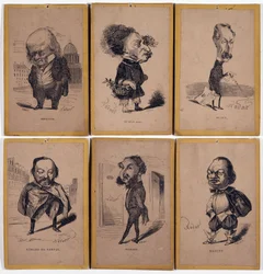 6 Charge Portraits: Pierre Jean de Beranger (1780-1857) French songwriter, Alexandre Dumas fils (1824-1895), Louis Adrien Huart (1813-1865) French journalist, writer and theatre director, Gerard de Nerval (1808-1855), French writer, Charles Matharel de Fie