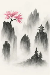 Japanese Mountain Landscape with Sakura Tree and Temple