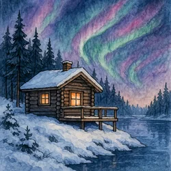 Snowy Cabin Northern Lights