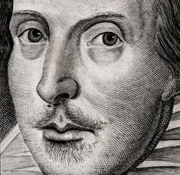 Detail of Portrait of William Shakespeare on frontispiece of Comedies, histories, & tragedies