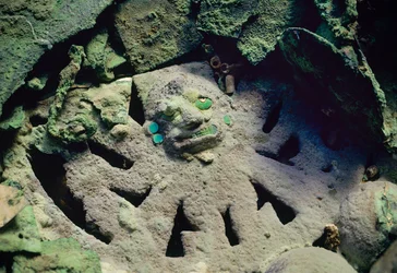 Gilded Copper Rattle of Decapitator God in the Moche Royal Tomb of the Old Lord of Sipan