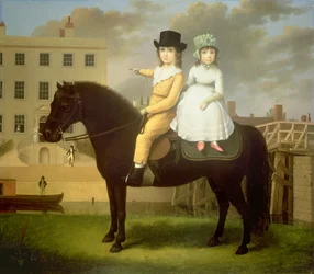 Two Children Seated On A Black Pony